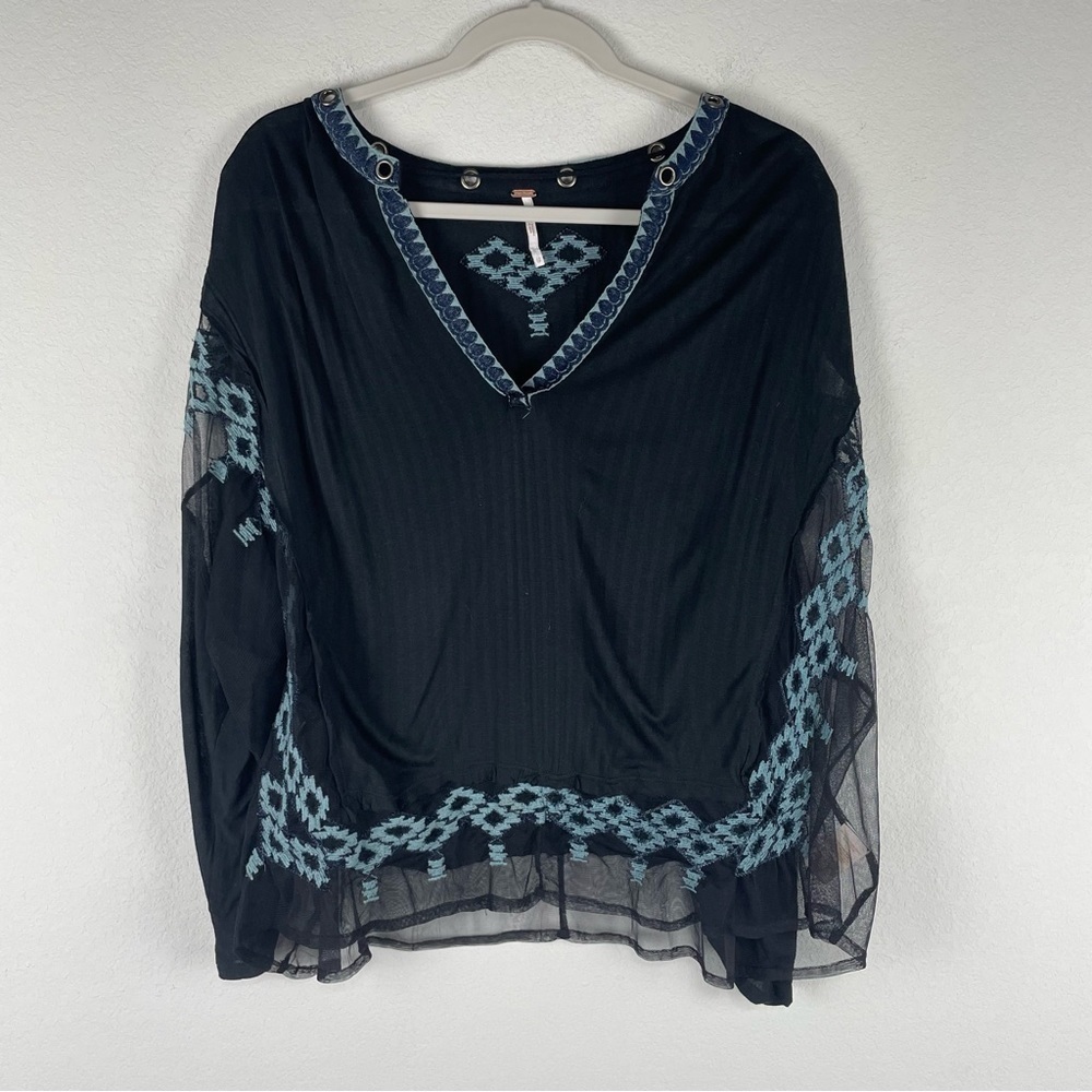 Free People Black Blue Eden V-Neck Sheer Long Sleeve Top Size XS